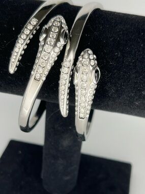 Two Silver Tone Crystal Snake Head Wrap Bracelets / Arm Bangles - Women Jewelry